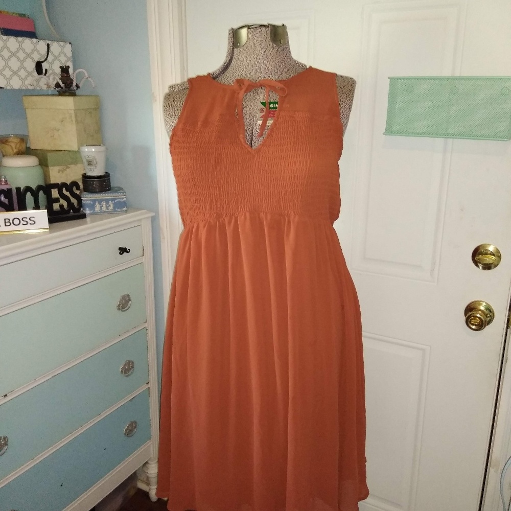 Torrid,1, rusty orange, chiffon tank dress.